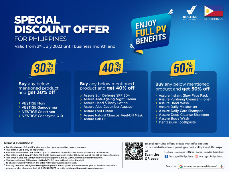 Philippines Vestige July month Special Discount for Philippines